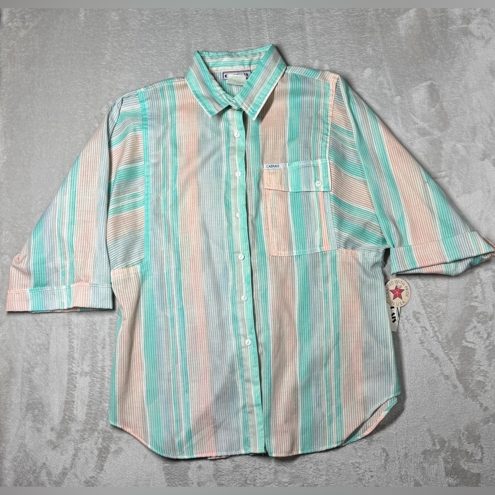 NWT Vintage Cabrais Women’s Button Front Collared Pastel Stripe Top Size 12